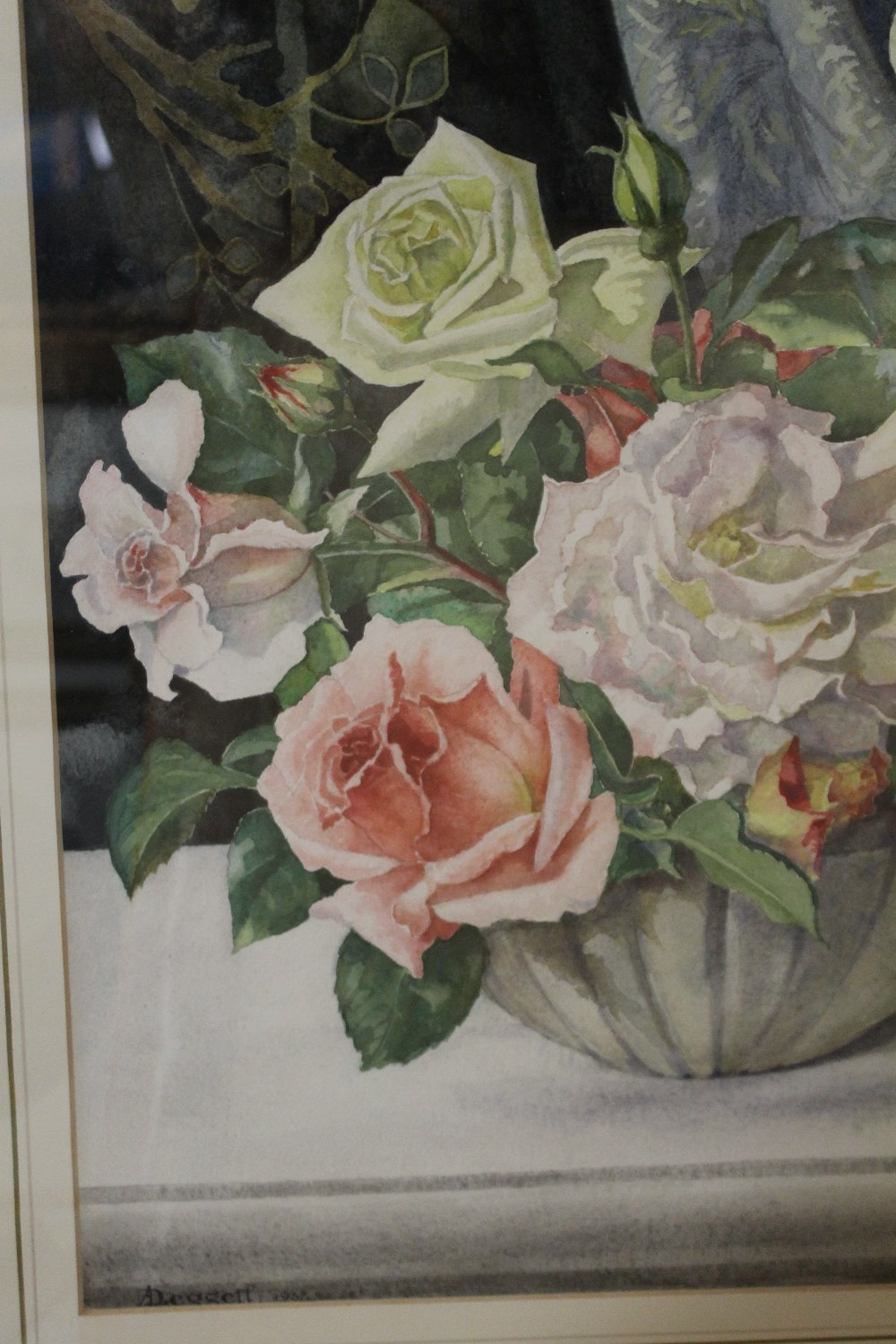 A LARGE FRAMED FLORAL WATERCOLOUR TOGETHER WITH A MIRROR, OIL ON BOARD OF HORSES ETC (4) - Image 3 of 3