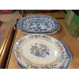 FOUR ASSORTED ANTIQUE MEAT PLATTERS TO INCLUDE BLUE/WHITE EXAMPLES