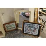 A LARGE CREAM MIRROR TOGETHER WITH TWO FRAMED ADVERTISING PRINTS (3)