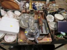 THREE TRAYS OF SUNDRIES TO INCLUDE METAL WARE, CERAMICS TO INCLUDE MASONS, MANDALAY, ROYAL WORCESTER