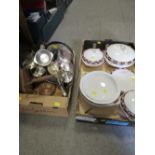 A TRAY OF VINTAGE CERAMICS, TUREENS ETC TOGETHER WITH A TRAY OF ASSORTED METAL WARE