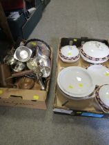 A TRAY OF VINTAGE CERAMICS, TUREENS ETC TOGETHER WITH A TRAY OF ASSORTED METAL WARE