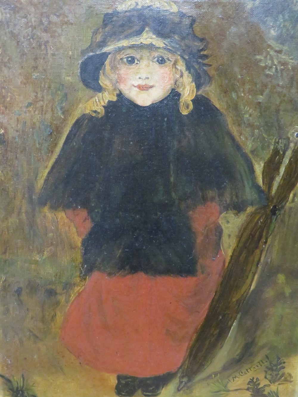A.M.COTTERILL OIL ON CANVAS STUDY OF A YOUNG GIRL HOLDING AN UMBRELLA