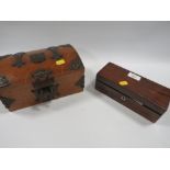 A SMALL MAHOGANY SEWING BOX WITH CONTENTS TOGETHER WITH A SMALL WOODEN CASKET