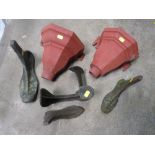 TWO CAST IRON RAIN GUTTERING HOPPERS AND A SELECTION OF COBBLERS SHOE LASTS