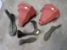 TWO CAST IRON RAIN GUTTERING HOPPERS AND A SELECTION OF COBBLERS SHOE LASTS