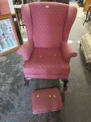 A QUEEN ANNE STYLE WINGED BACK CHAIR AND STOOL