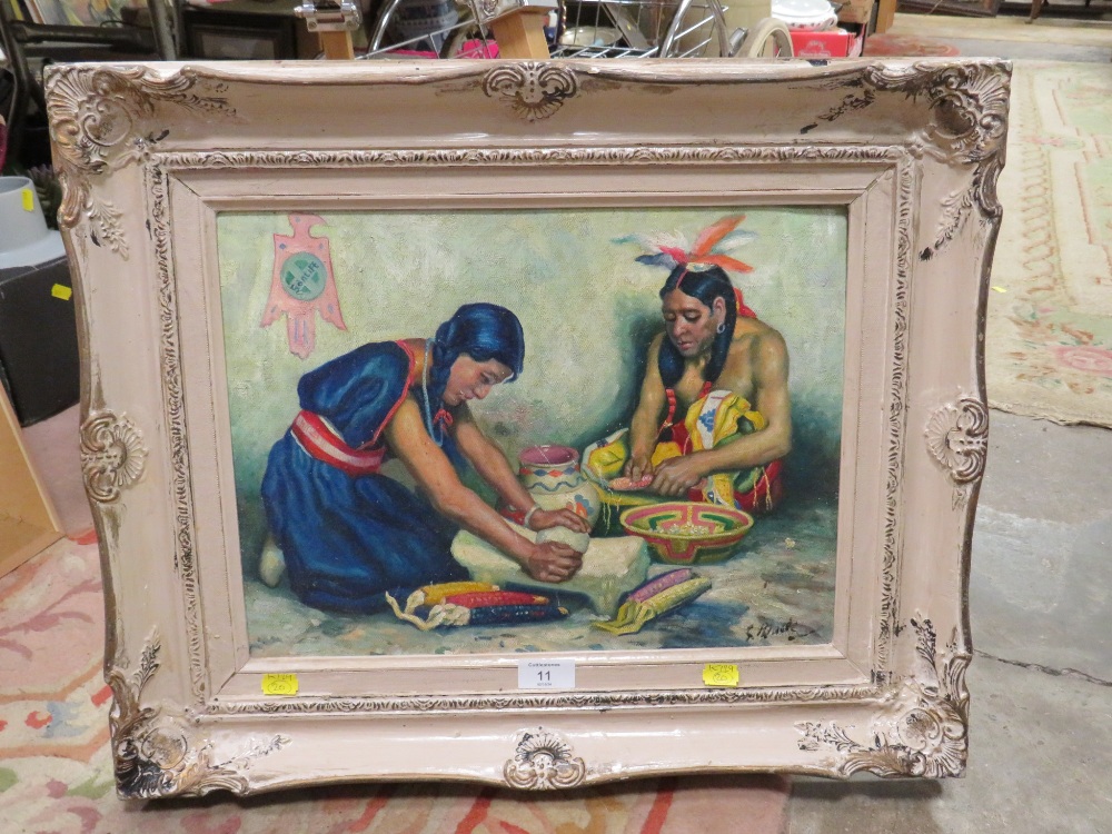 INDISTINCTLY SIGNED OIL ON BOARD STUDY OF TWO NATIVE AMERICAN INDIANS - Bild 2 aus 3