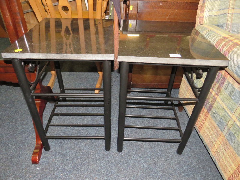 A PAIR OF MODERN MARBLE TOPPED LAMP TABLES