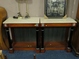 A PAIR OF MODERN MARBLE TOPPED CONSOLE TABLES IN THE EMPIRE STYLE 84 X 80 CM (2)