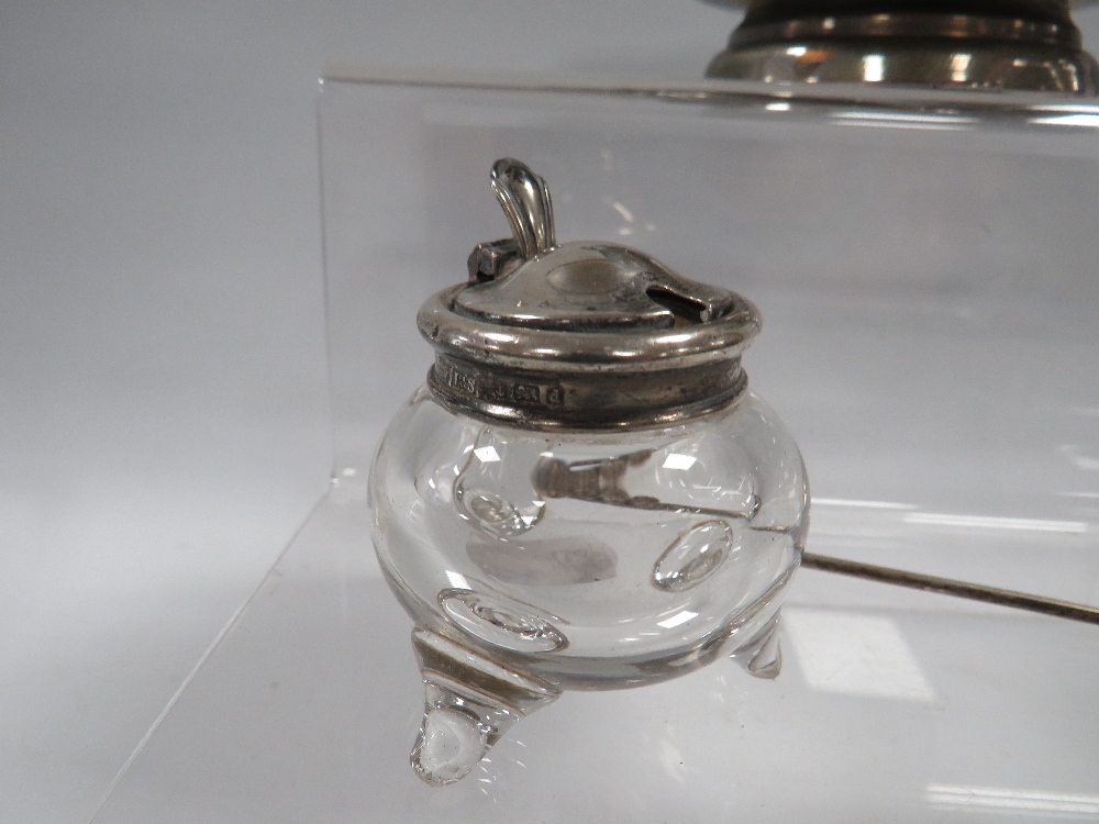 A HALLMARKED SILVER TOPPED GLASS MUSTARD POT ALONG WITH AN EASTERN WHITE METAL TWIN HANDLED BOWL AND - Image 3 of 4