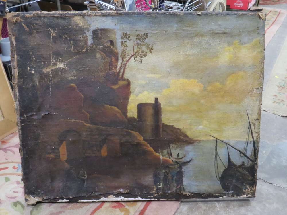 AN 18TH/19TH CENTURY OIL ON CANVAS CONTINENTAL SCHOOL COASTAL SCENE WITH BUILDINGS, BOATS AND - Image 2 of 2