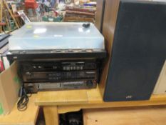 A VINTAGE JVC STACKING STEREO SYSTEM TO INCLUDE AN INTEGRATED AMP FLIER, TOGETHER WITH JVC TURNTABLE