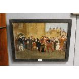 A 19TH CENTURY NAIVE OIL ON CANVAS DEPICTING SOLDIERS AND ONLOOKERS OUTSIDE THE TOWER OF LONDON,