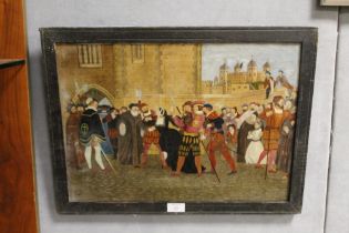 A 19TH CENTURY NAIVE OIL ON CANVAS DEPICTING SOLDIERS AND ONLOOKERS OUTSIDE THE TOWER OF LONDON,