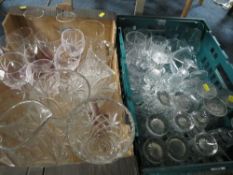 TWO TRAY OF ASSORTED GLASSWARE TO INCLUDE JUGS, WINE GLASSES ETC