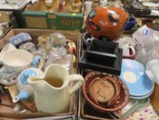 TWO TRAYS OF CERAMICS AND SUNDRIES TO INCLUDE TUSCAN CHINA DRESSING TABLE SET