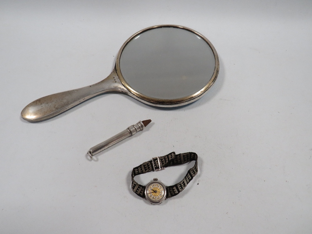 THREE ITEMS OF HALLMARKED SILVER, TO INCLUDE AN ENAMEL HAND MIRROR A/F , WATCH AND A SLIDE ACTION - Image 3 of 3