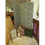 A TAPESTRY FOUR FOLD SCREEN WITH A VICTORIAN DRESSING MIRROR, SMALL CABINET AND TRIPLE MIRROR (4)