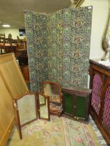 A TAPESTRY FOUR FOLD SCREEN WITH A VICTORIAN DRESSING MIRROR, SMALL CABINET AND TRIPLE MIRROR (4)