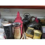 TWO TRAYS OF SUNDRIES TO INCLUDE AN ANTIQUE COACH LANTERN A/F CLOCKS ETC