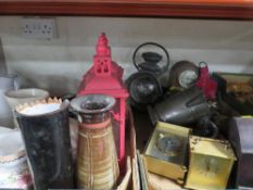 TWO TRAYS OF SUNDRIES TO INCLUDE AN ANTIQUE COACH LANTERN A/F CLOCKS ETC