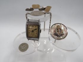 A SILVER R.A.F BRACELET, ARMY CAP BROOCH, 9CT GOLD ON SILVER CUFFLINKS AND ART DECO WATCH