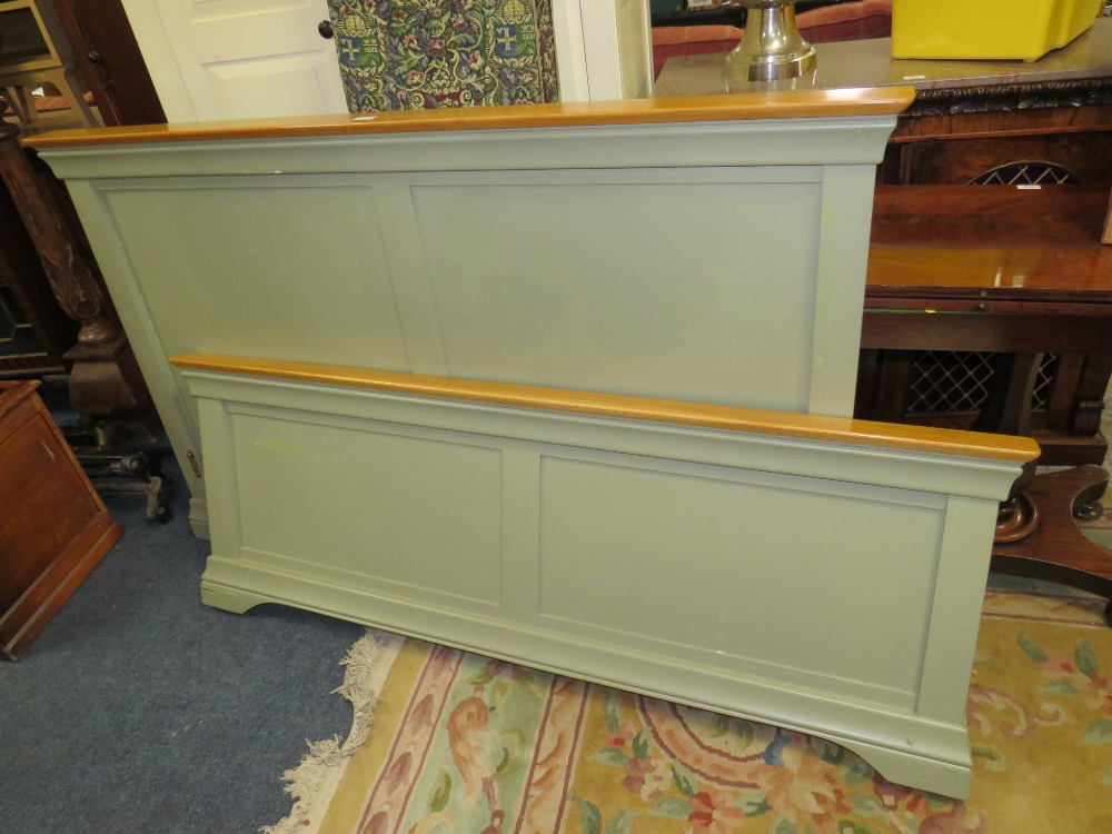 A MODERN OAK AND GREEN PAINTED KING SIZE BED FRAME