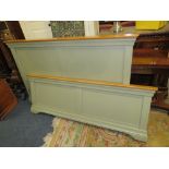 A MODERN OAK AND GREEN PAINTED KING SIZE BED FRAME