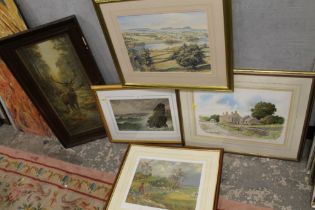 A COLLECTION OF FIVE ASSORTED PICTURES TO INCLUDE A STORMY COASTAL WATERCOLOUR (5)