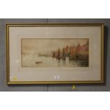 J.W. WILLIAMSON WATER COLOUR TOWN HARBOUR SCENE WITH BOATS AND FIGURES