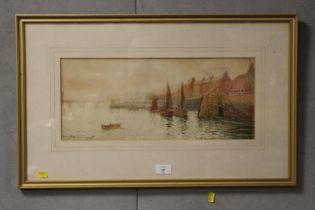 J.W. WILLIAMSON WATER COLOUR TOWN HARBOUR SCENE WITH BOATS AND FIGURES