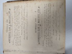 A VINTAGE BOOK CONTAINING MEMBERSHIP FORMS FOR THE BRUNSWICK CLUB & INSTITUTE LTD