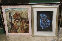 AN ABSTRACT OIL ON BOARD DEPICTING TRIBAL FIGURES TOGETHER WITH A BLUE LADY PASTEL PICTURE SIGNED '