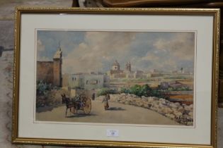 GALIA (XX) A MALTESE LANDSCAPE WITH FIGURES, WATERCOLOUR, SIGNED, 30 X 50.5 CM