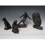 TWO KEITH LEE FIGURES CONSISTING OF AN OWL & A DOG TOGETHER WITH TOW JOHN LETTS FIGURES - A