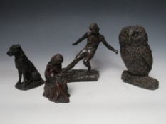 TWO KEITH LEE FIGURES CONSISTING OF AN OWL & A DOG TOGETHER WITH TOW JOHN LETTS FIGURES - A