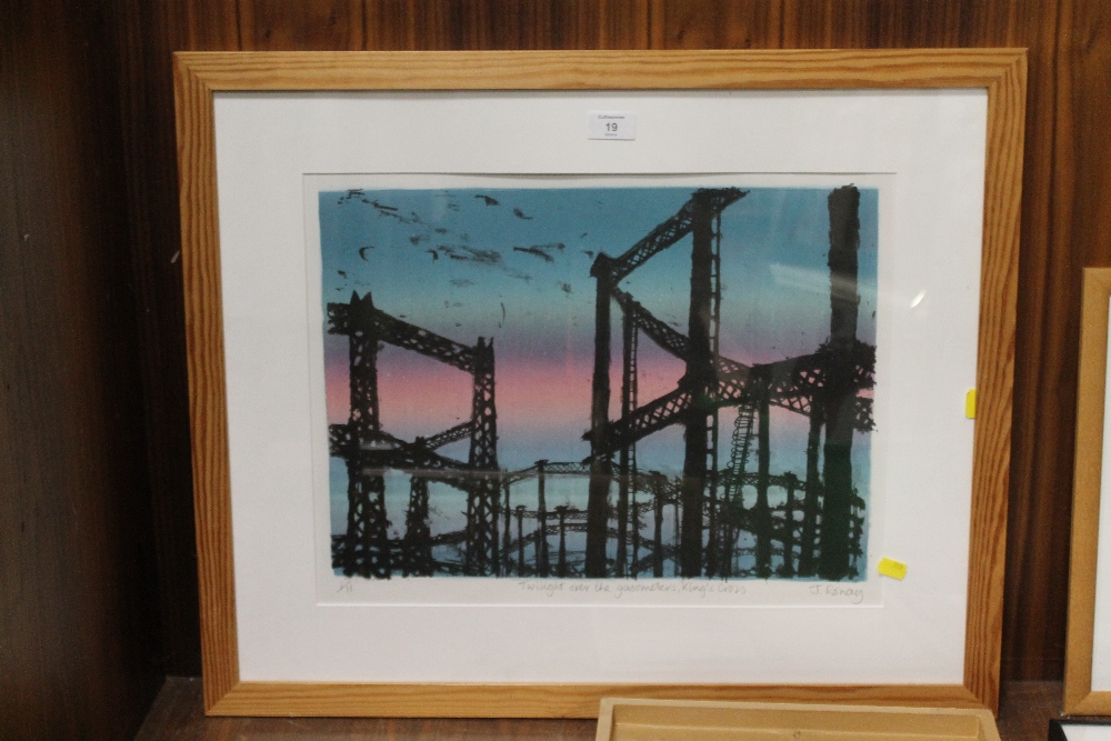 J. RONAY - 'TWILIGHT OVER THE GASOMETERS, KINGS CROSS' FRAMED LITHOGRAPH, 37 X 48 CM