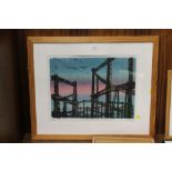 J. RONAY - 'TWILIGHT OVER THE GASOMETERS, KINGS CROSS' FRAMED LITHOGRAPH, 37 X 48 CM