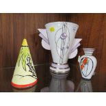 TWO BRIAN WOOD ART DECO VASES TOGETHER WITH A CONICAL SUGAR SHAKER