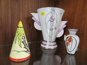 TWO BRIAN WOOD ART DECO VASES TOGETHER WITH A CONICAL SUGAR SHAKER
