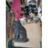 A TRAY OF CAST IRON TO INCLUDE A BLACK CAT DOORSTOP ETC