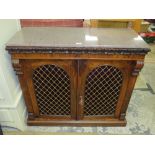 AN ANTIQUE ROSEWOOD MARBLE TOPPED CHIFFONIER WITH BRASS GRILL DOORS 94 X 107 CM