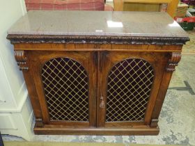 AN ANTIQUE ROSEWOOD MARBLE TOPPED CHIFFONIER WITH BRASS GRILL DOORS 94 X 107 CM