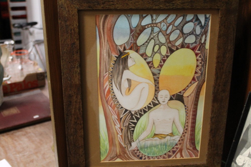 A FRAMED PICASSO PRINT WITH TWO SIMILAR ABSTRACT WATERCOLOURS (3) - Image 3 of 5
