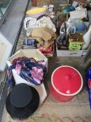 FOUR TRAYS OF CERAMICS AND SUNDRIES TO INCLUDE A BREAD BIN
