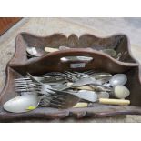 A TREEN HANDLED CUTLERY TRAY AND CONTENTS