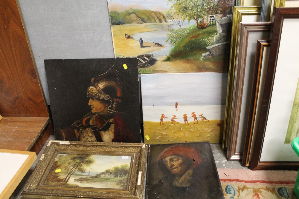 A QUANTITY OF ASSORTED PAINTINGS AND PICTURES TO INCLUDE AN UNFRAMED 19TH CENTURY PORTRAIT OF AN OLD