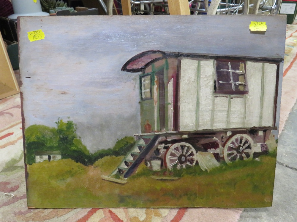 A 20TH CENTURY OIL ON BOARD OF A GYPSY CARAVAN WITH A PORTRAIT STUDY VERSO - Image 2 of 2