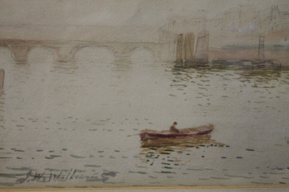 J.W. WILLIAMSON WATER COLOUR TOWN HARBOUR SCENE WITH BOATS AND FIGURES - Image 2 of 3